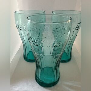 3 Vintage Teal Coca-Cola glasses 14-17 oz